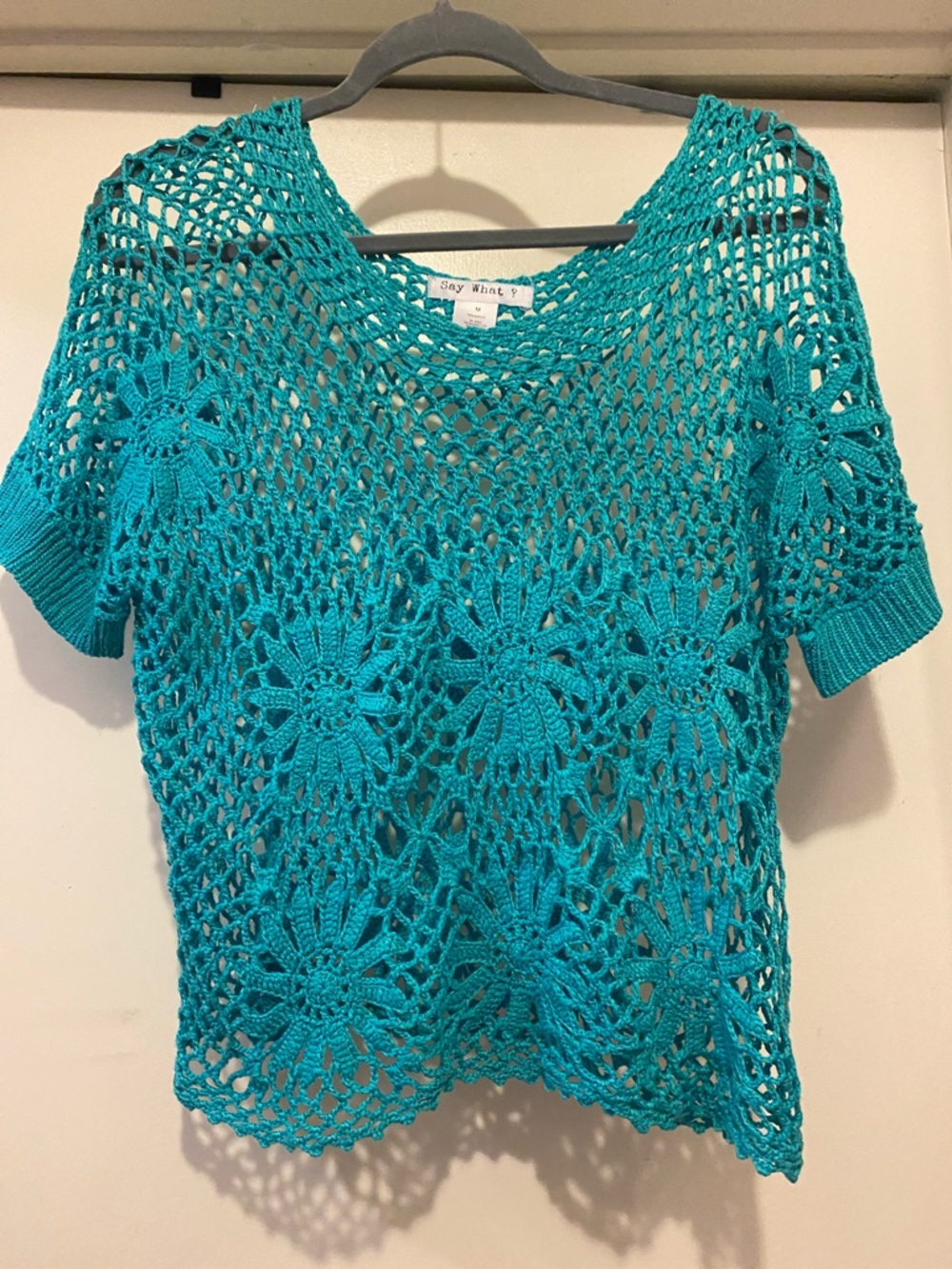 Say What? Turquoise Crochet Floral Short Sleeve Top